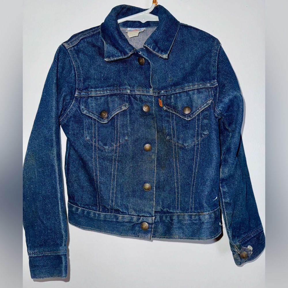 Vintage Kids Orange Tab Levi’s Jean Jacket Size Small Dark Denim USA Made